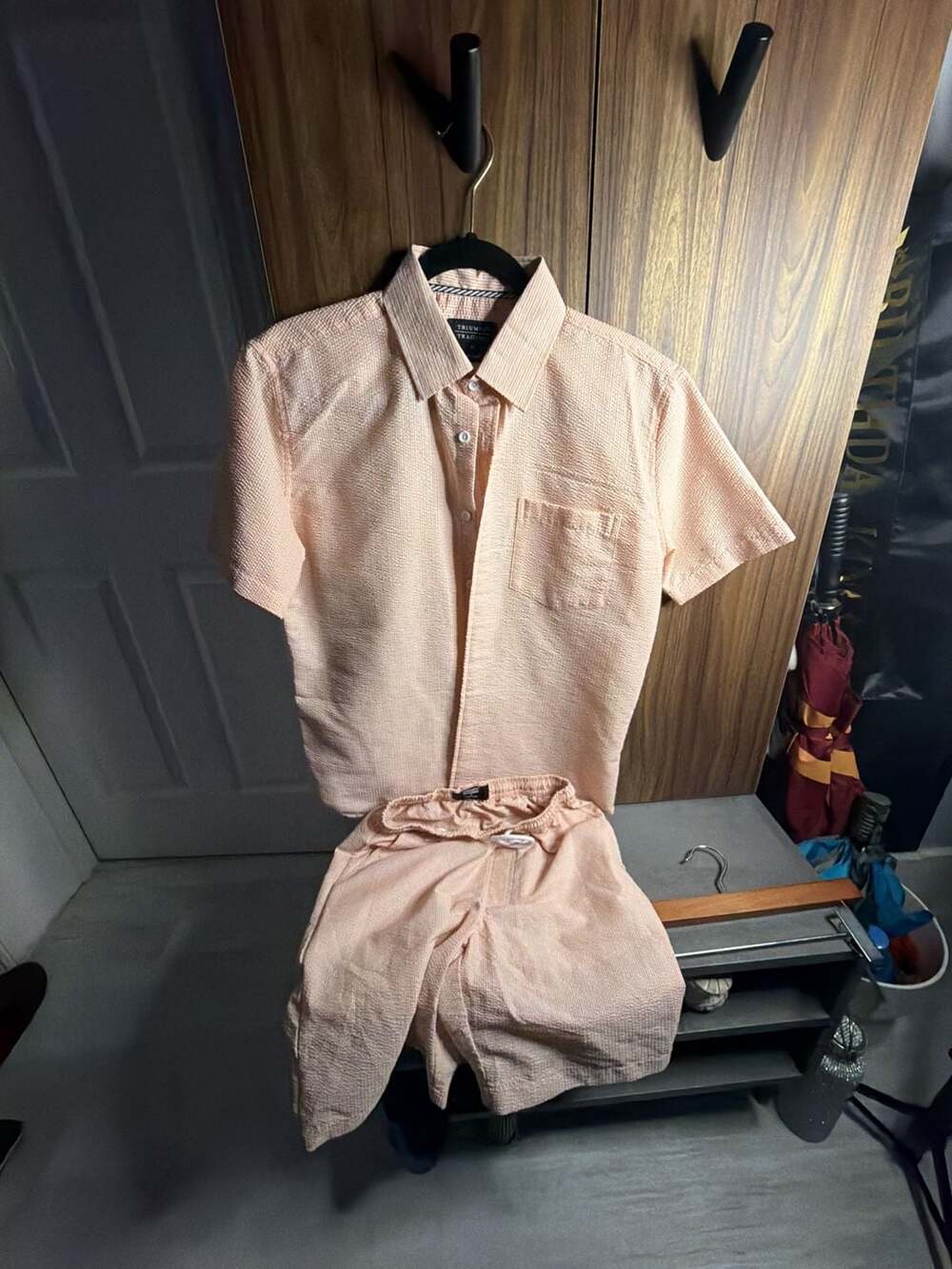 Triumph Tragedy Peach Seersucker Two-Piece Set Short Sleeve Button Up and Shorts